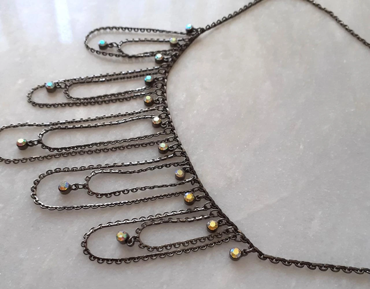 Gunmetal black necklace with AB rhinestones and draping – photo 2